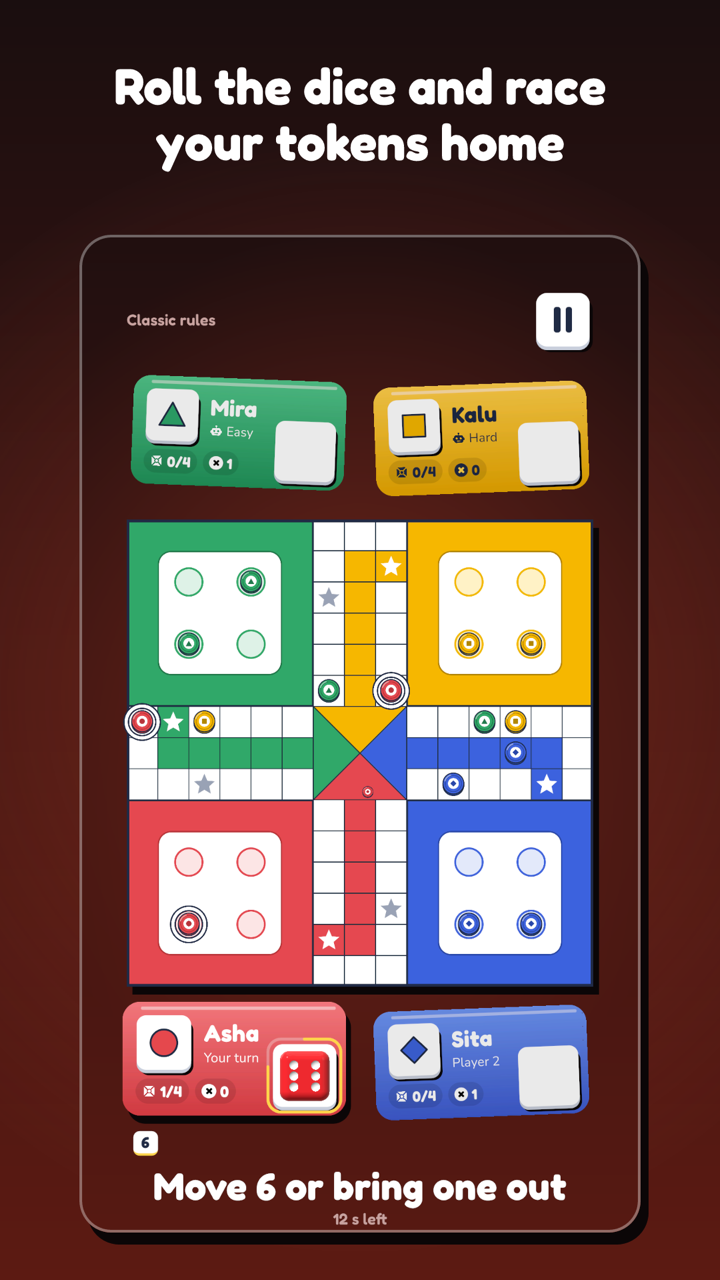 Roll the dice and race your tokens home. A four-player Ludo game: Asha has rolled a 6 and can move a token or bring one out