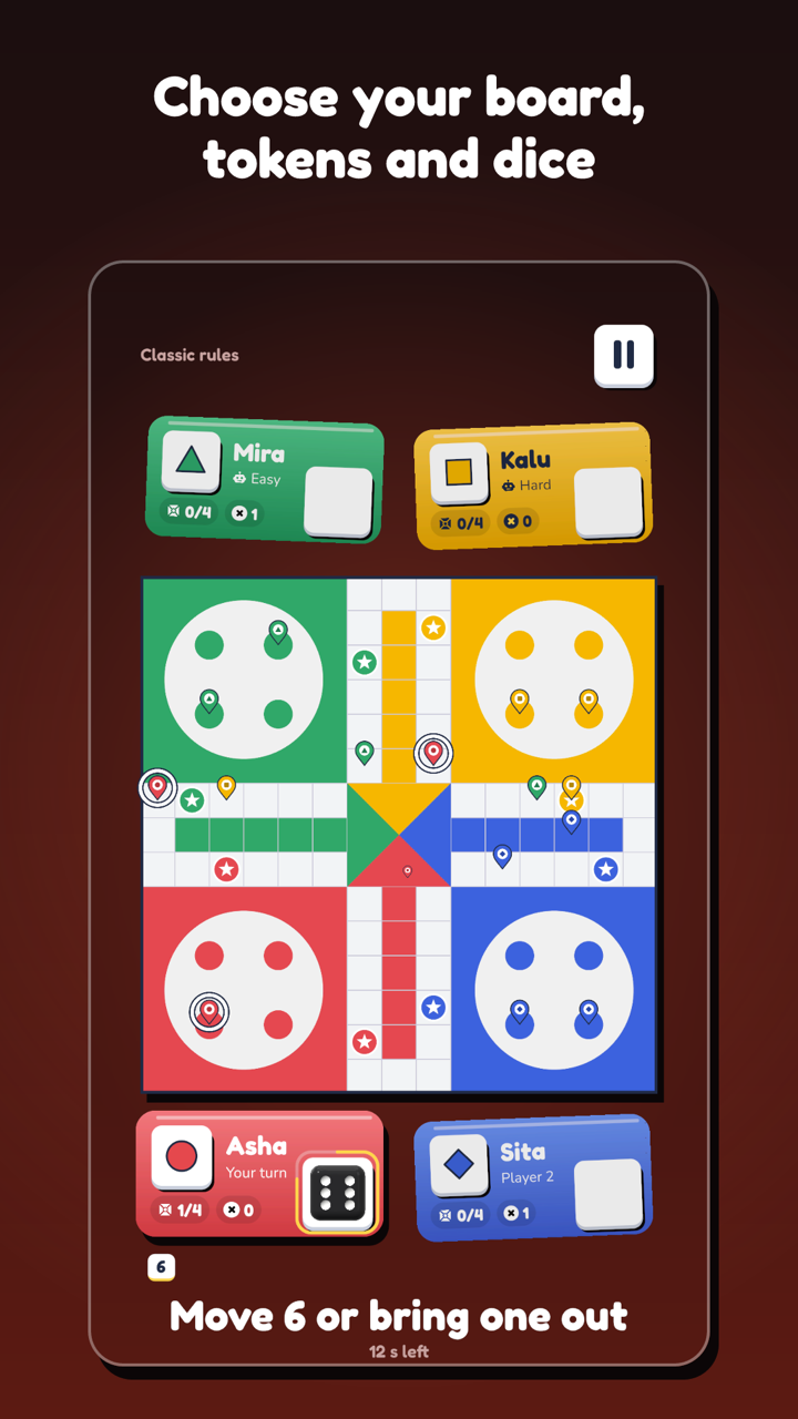 Choose your board, tokens and dice. The same game with the Circles board, pin tokens and a black dice